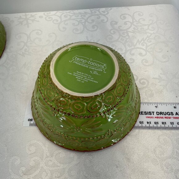 Temptations Old World Rustic Green Mixing Bowls Set Of Two Durable Embossed Oven - Picture 8 of 10
